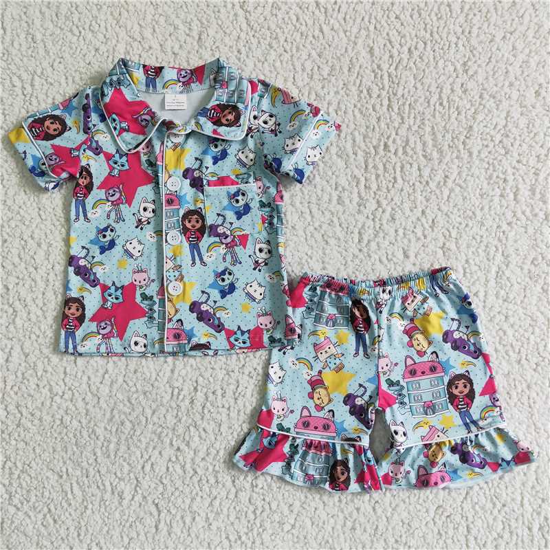 GSSO0014  Blue cartoon kitten and small animal pattern short-sleeved shorts suit