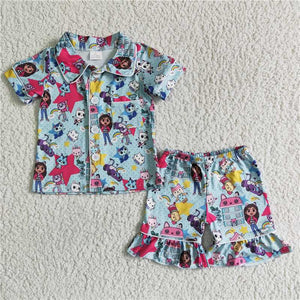 GSSO0014  Blue cartoon kitten and small animal pattern short-sleeved shorts suit