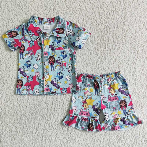 GSSO0014  Blue cartoon kitten and small animal pattern short-sleeved shorts suit