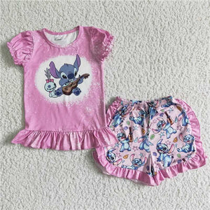 GSSO0015  Baby girl pink short-sleeved pleated puff sleeve shorts suit