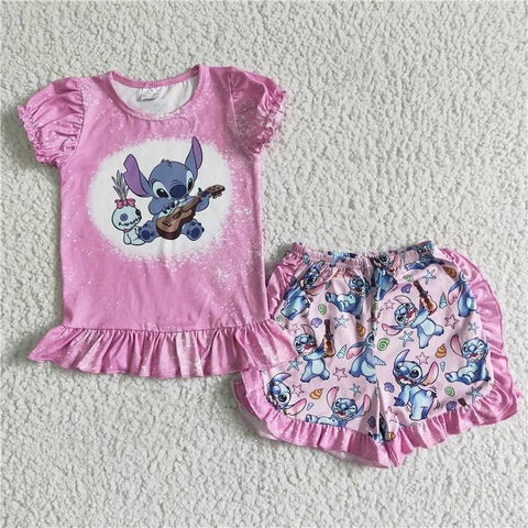 GSSO0015  Baby girl pink short-sleeved pleated puff sleeve shorts suit