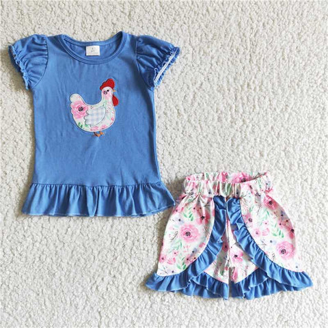 GSSO0020   Blue Cute Embroidered Hen Short Sleeve Floral Shorts Set