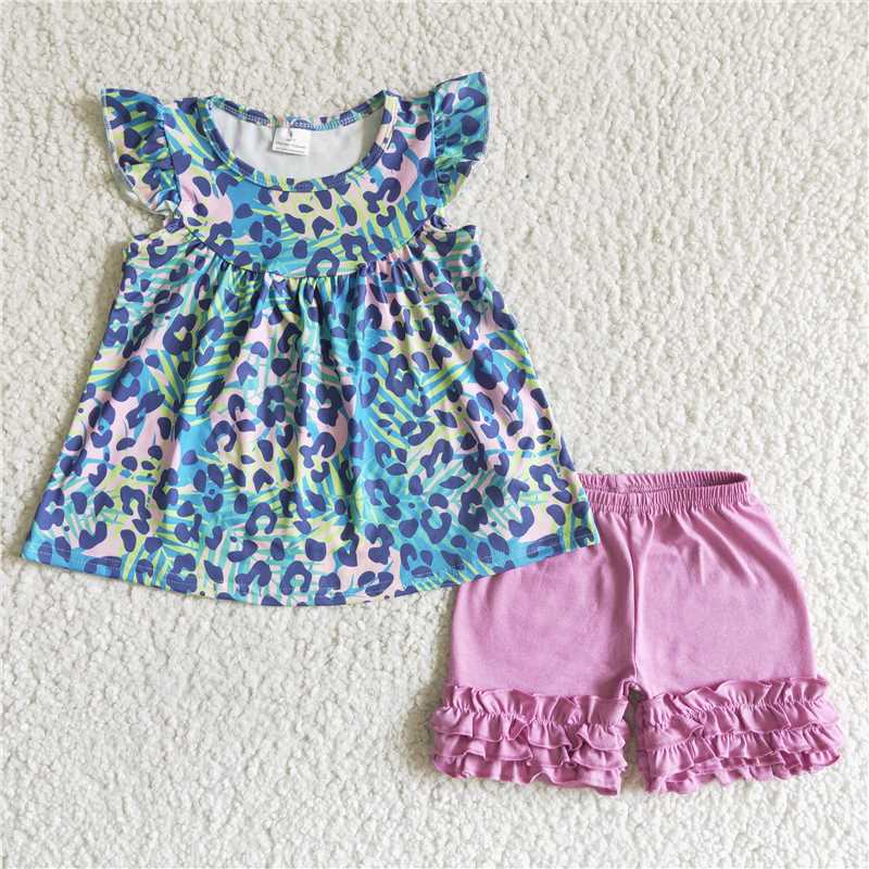 GSSO0025   Blue Little Fly Sleeve Short Sleeve Purple Shorts Set
