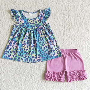 GSSO0025   Blue Little Fly Sleeve Short Sleeve Purple Shorts Set