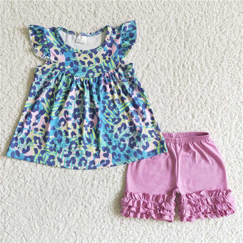 GSSO0025   Blue Little Fly Sleeve Short Sleeve Purple Shorts Set