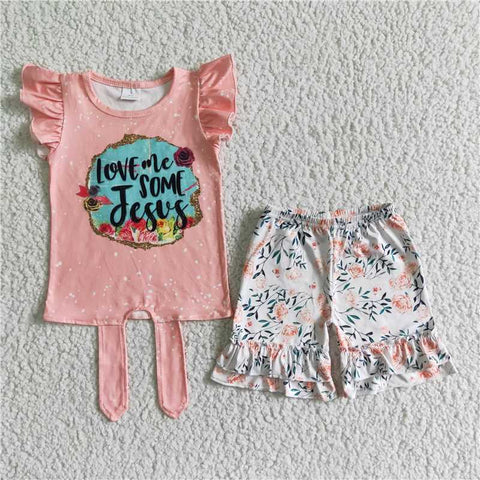 GSSO0029   Pink tie short-sleeved white floral shorts suit