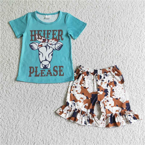 GSSO0031   Cartoon cow head blue short-sleeved ink pattern shorts suit