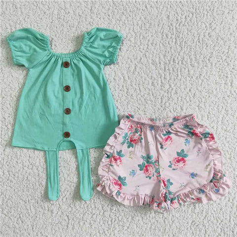GSSO0034   Girls Blue Top Pink Shorts Flower Short Sleeve Shorts Set
