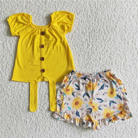GSSO0035   Girls Yellow Flower Short Sleeve Shorts Set