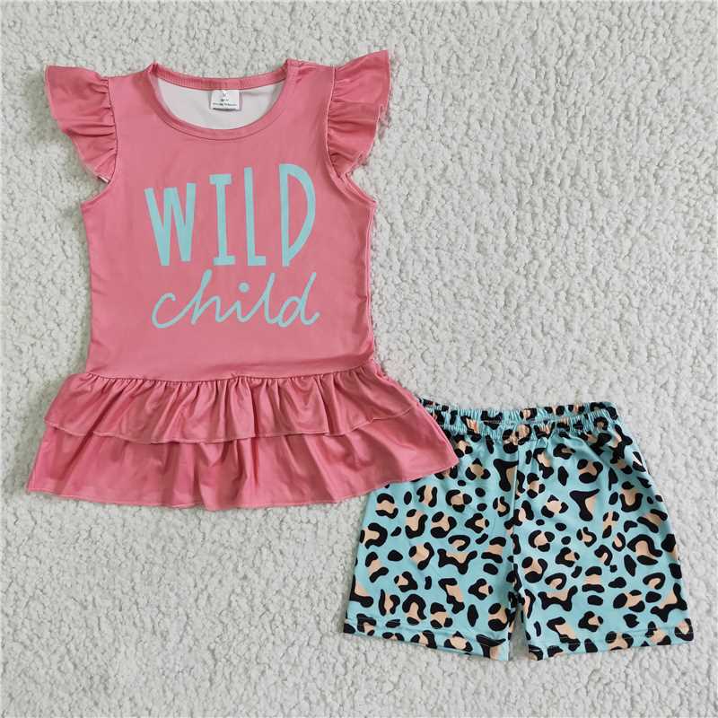 GSSO0036  Girls Pink Flying Sleeve Letter Leopard Blue Short Sleeve Shorts Set