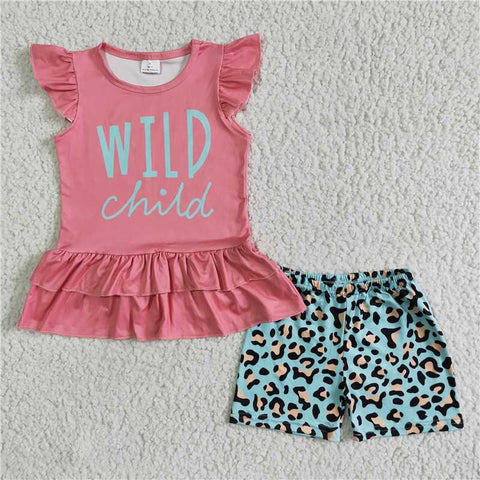 GSSO0036  Girls Pink Flying Sleeve Letter Leopard Blue Short Sleeve Shorts Set
