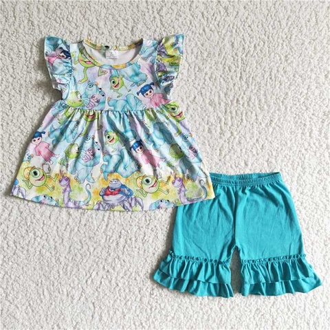 GSSO0040   Girls Green Blue Cartoon Flying Sleeve Short Sleeve Shorts Set