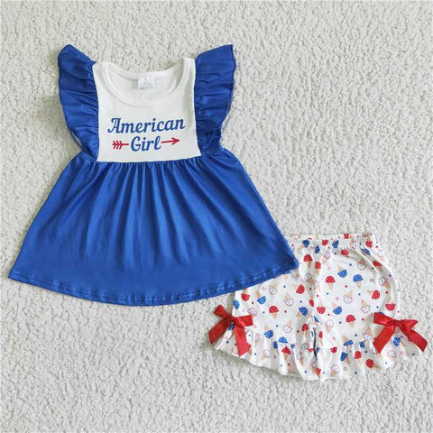 GSSO0042   Girls Blue Flying Sleeves Red Bow Shorts Set