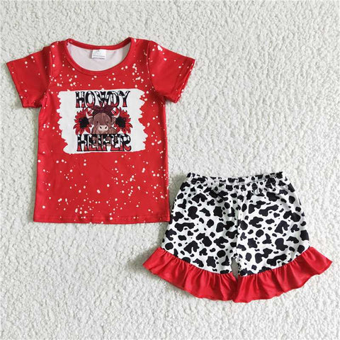 GSSO0043  Girls Cartoon Bull Head Red Short Sleeve Cow Lace Shorts Set