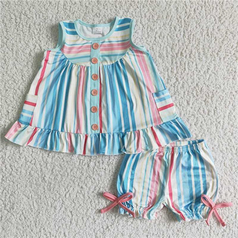 GSSO0045   Girls Sleeveless Colorful Stripe Pocket Button Bow Short Sleeve Shorts Set