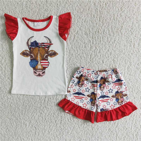 GSSO0046  Girl's National Day Bull Head Red Flying Sleeve Lace Shorts Set