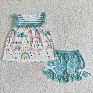 GSSO0047   Girls Rainbow Blue Stripe Sleeveless White Dot Shorts Set