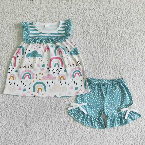 GSSO0047   Girls Rainbow Blue Stripe Sleeveless White Dot Shorts Set