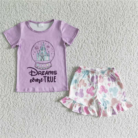 GSSO0050   Girls Disney Castle Colorful Cartoon Purple Short Sleeve Shorts Set