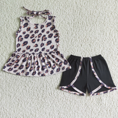 GSSO0052   Girls Sleeveless Leopard Black Shorts Set