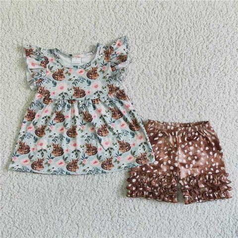 GSSO0054   Girls Flying Sleeve Cartoon Short Sleeve Brown Lace Shorts Set