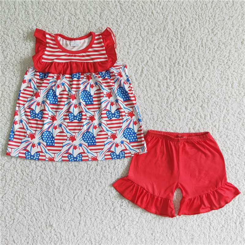 GSSO0055   Girls National Day Cartoon Short Sleeve Red Lace Shorts Set