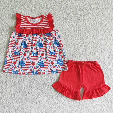 GSSO0055   Girls National Day Cartoon Short Sleeve Red Lace Shorts Set