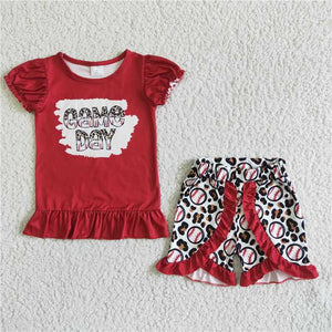 GSSO0057   Girls Red GAMEDAY Short Sleeve Baseball Leopard Shorts Set