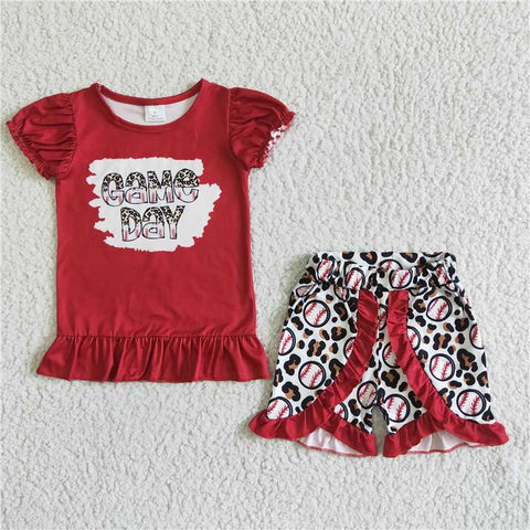 GSSO0057   Girls Red GAMEDAY Short Sleeve Baseball Leopard Shorts Set