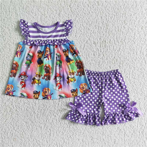 GSSO0060   Girls Cartoon Purple Flying Sleeves White Dots Bow Knot Shorts Set