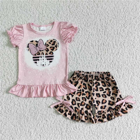 GSSO0062   Girls Pink Short Sleeve Cartoon Bow Leopard Print Shorts Set