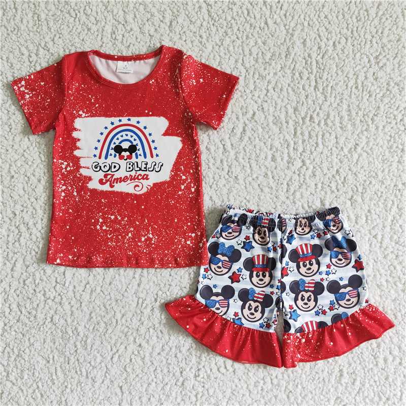 GSSO0065   Girls Cartoon Red Short Sleeve Lace Shorts Set