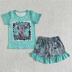 GSSO0066   Girls Gray Cow Green Short Sleeve Lace Shorts Set