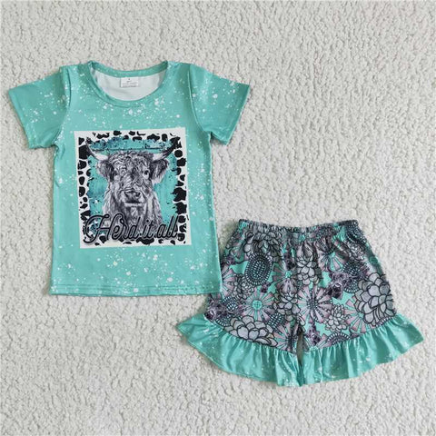GSSO0066   Girls Gray Cow Green Short Sleeve Lace Shorts Set