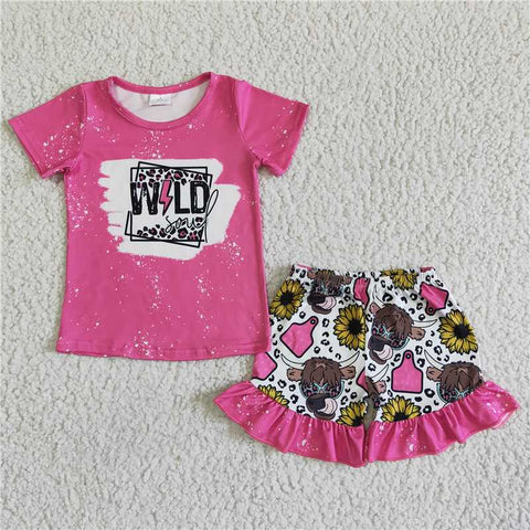 GSSO0067   Girls' letter rose red short-sleeved bull head flower lace shorts suit
