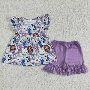 GSSO0068Girls Flying Sleeves Purple Lace Shorts Set