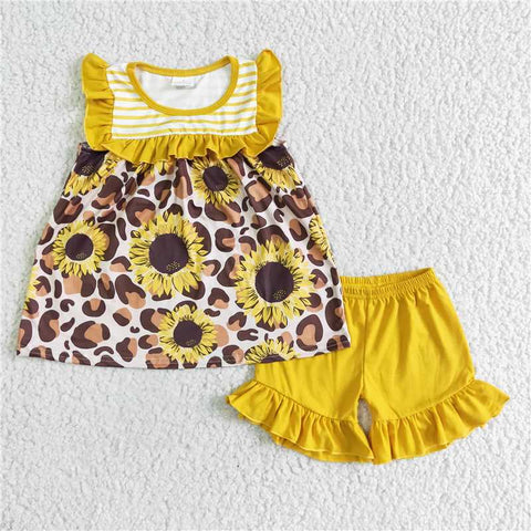 GSSO0069   Lace Sleeveless Sunflower Leopard Yellow Shorts Set