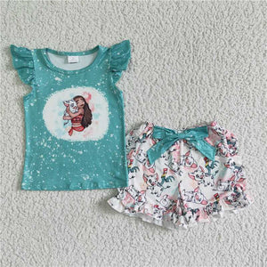 GSSO0070   Girls Green Flying Sleeve Moana Top Bowknot Lace Shorts Set