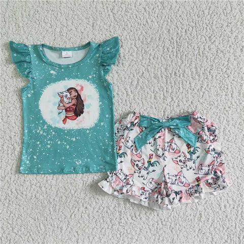GSSO0070   Girls Green Flying Sleeve Moana Top Bowknot Lace Shorts Set
