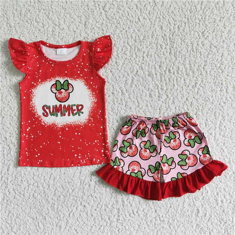 GSSO0071   Girls Red Summer Strawberry Cartoon Flying Sleeve Top Lace Shorts Set