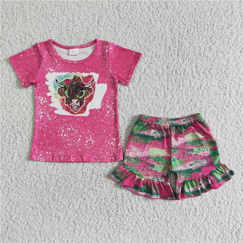 GSSO0074   Girls Rose Red Alpine Short Sleeve Color Lace Shorts Set
