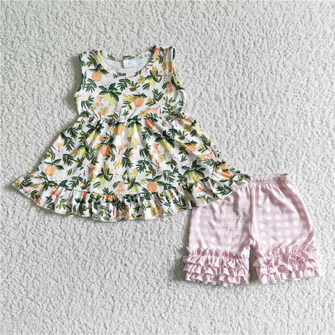 GSSO0076   Girls Sleeveless Fruit Green Leaf Top Pink Plaid Lace Shorts Set