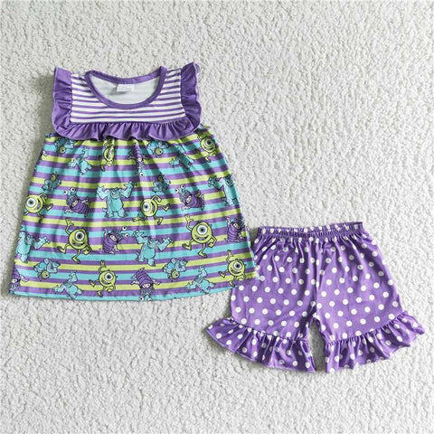GSSO0077   Girls Monster University One Eyed Monster Purple Flying Sleeves Striped White Dot Shorts Set
