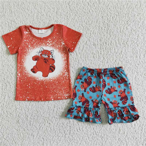 GSSO0078   Girls turning red bear orange short-sleeved blue lace shorts suit