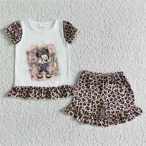 GSSO0079   Girls Leopard Print Cartoon Short Sleeve Lace Shorts Set