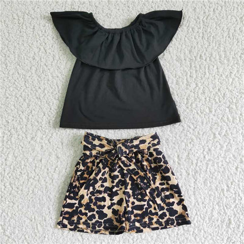 GSSO0082   Girls Black One Shoulder Top Leopard Print Shorts Set
