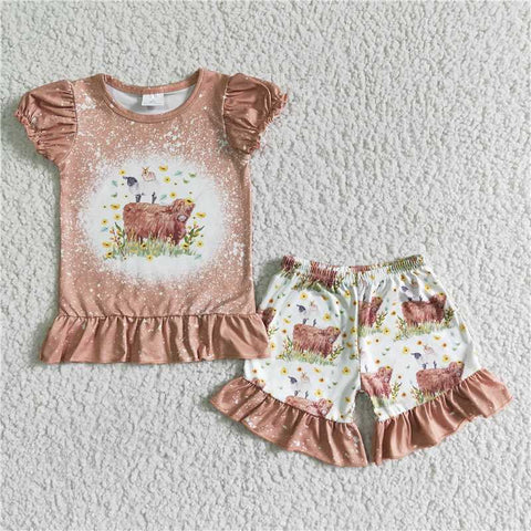 GSSO0083   Girls Light Brown Alpine Gloria Butterfly Puff Sleeve Lace Shorts Set