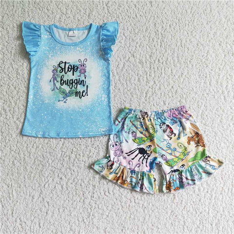 GSSO0084   Girls Blue Flying Sleeve Ant Shorts Set