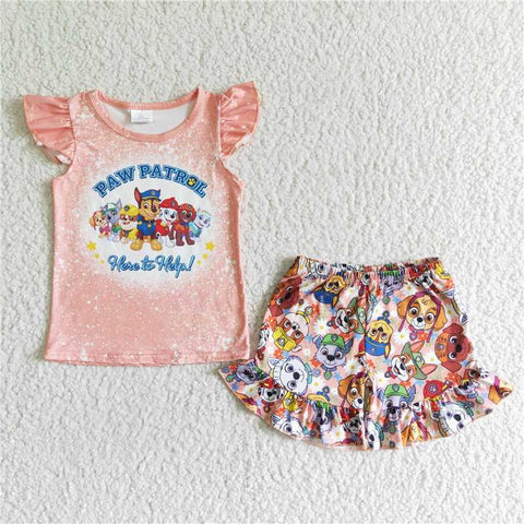 GSSO0085   Girls Cartoon Alphabet Flying Sleeve Shorts Set
