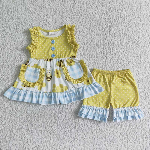 GSSO0086   Girls Yellow Cartoon Flower Sleeveless Lace Shorts Set